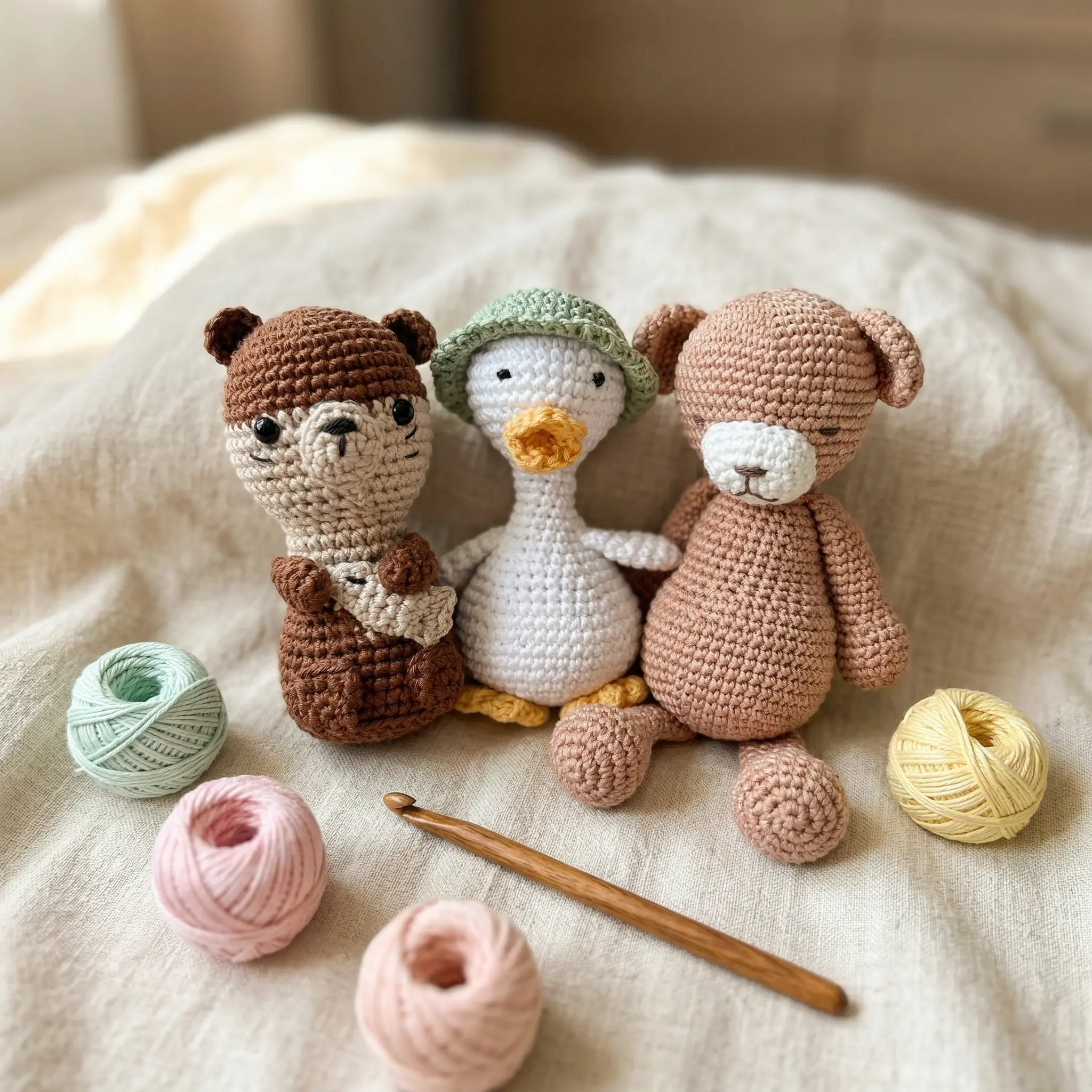 Három kézzel horgolt amigurumi figura – maci, kacsa és medve – fonalgolyókkal és horgolótűvel