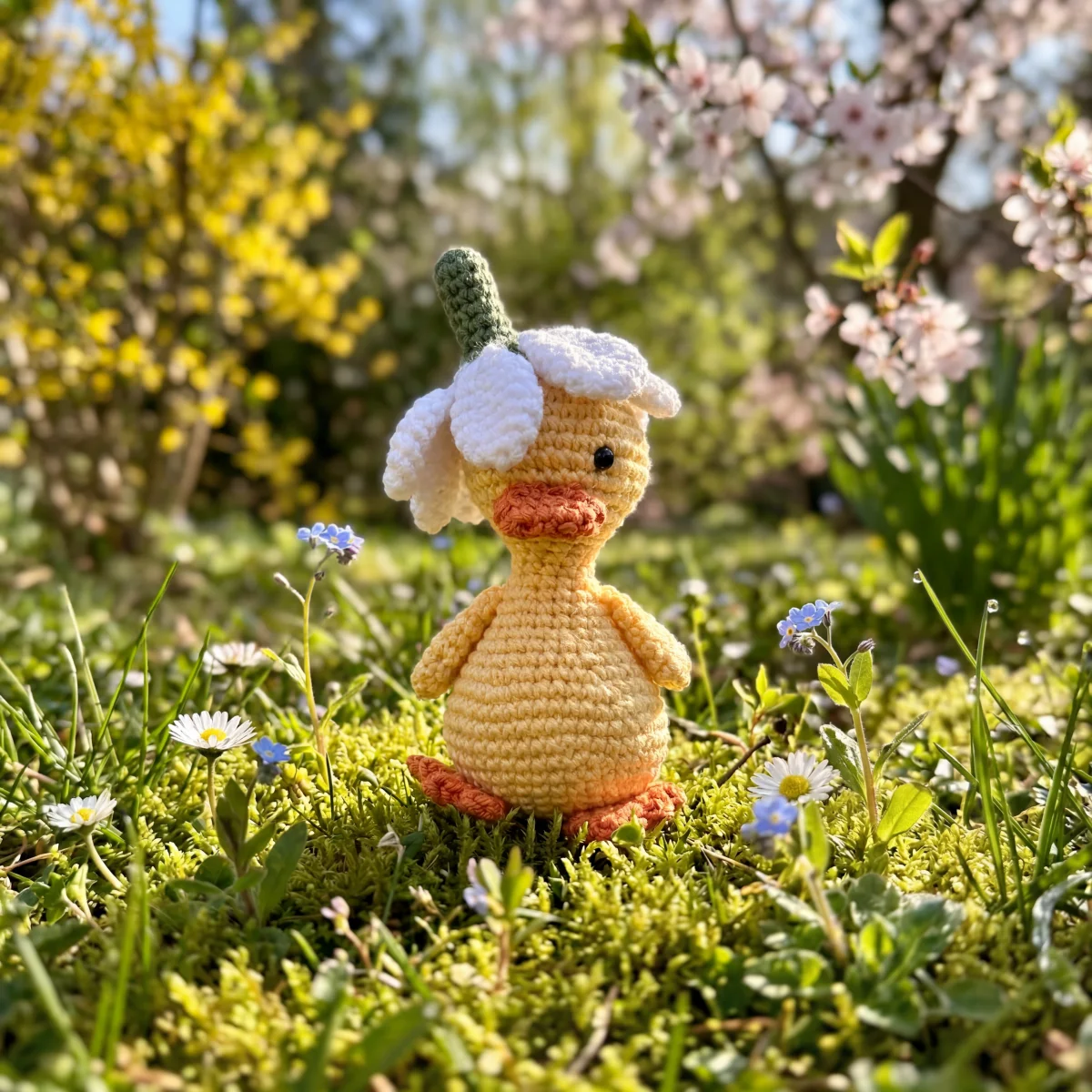 Horgolt kiskacsa margarétás sapkával